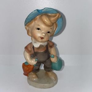 Vintage Ucagco Ceramics Japan Figurine Little Boy W/Fish Blue Hat 5” Tall